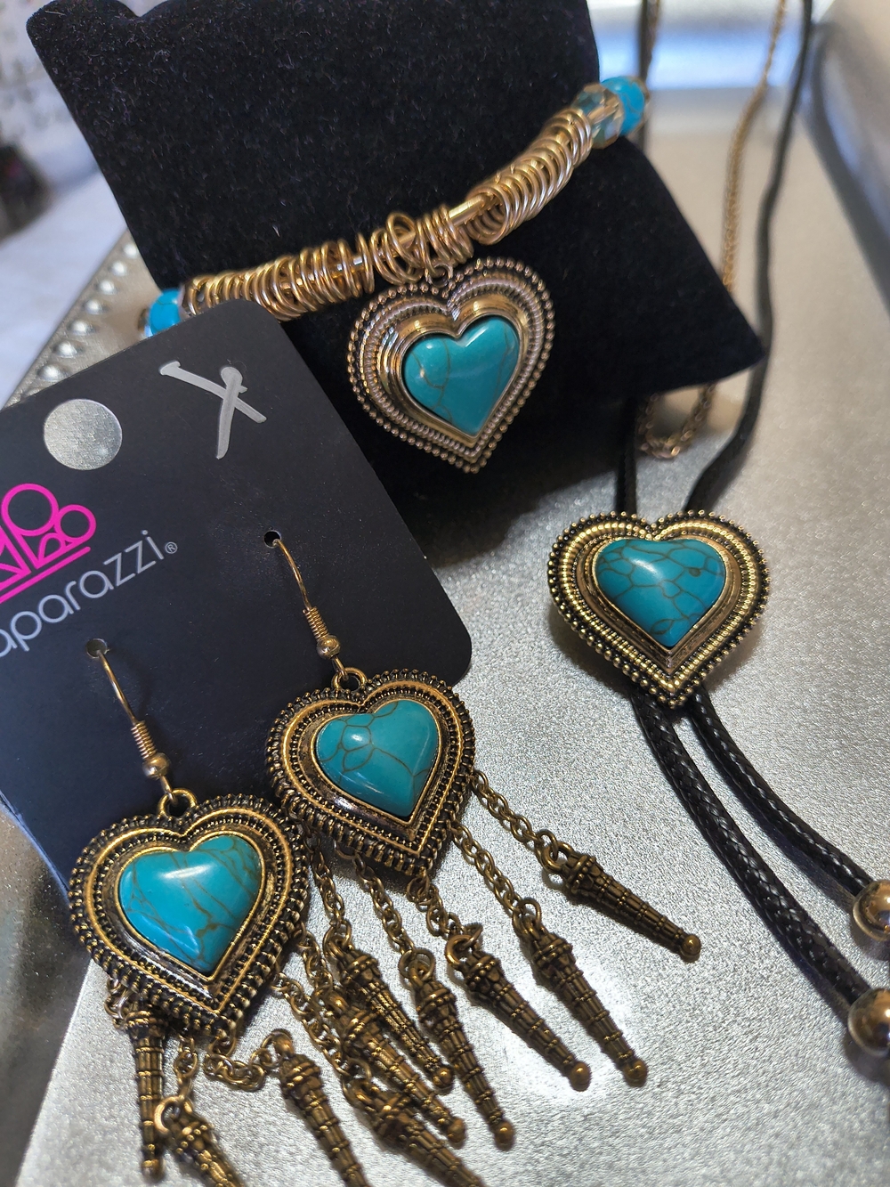 paparazzi Gold-Tone Turquoise Heart Dangle Earrings & Necklace Set